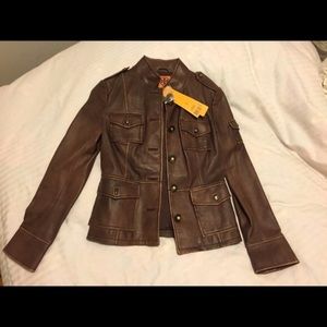 Tory Burch brown leather military jacket